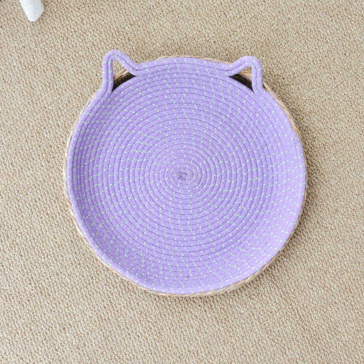 kattenbed groot rattan ronde mand met katvorm oren paars